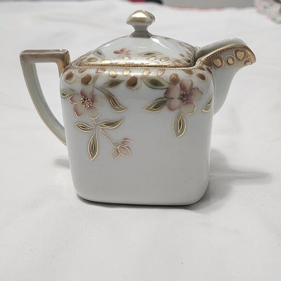 Nipon Morimura Bros Hand Painted Square Creamer w Lid Floral Gold Trim Rare Vtg - Picture 8 of 16